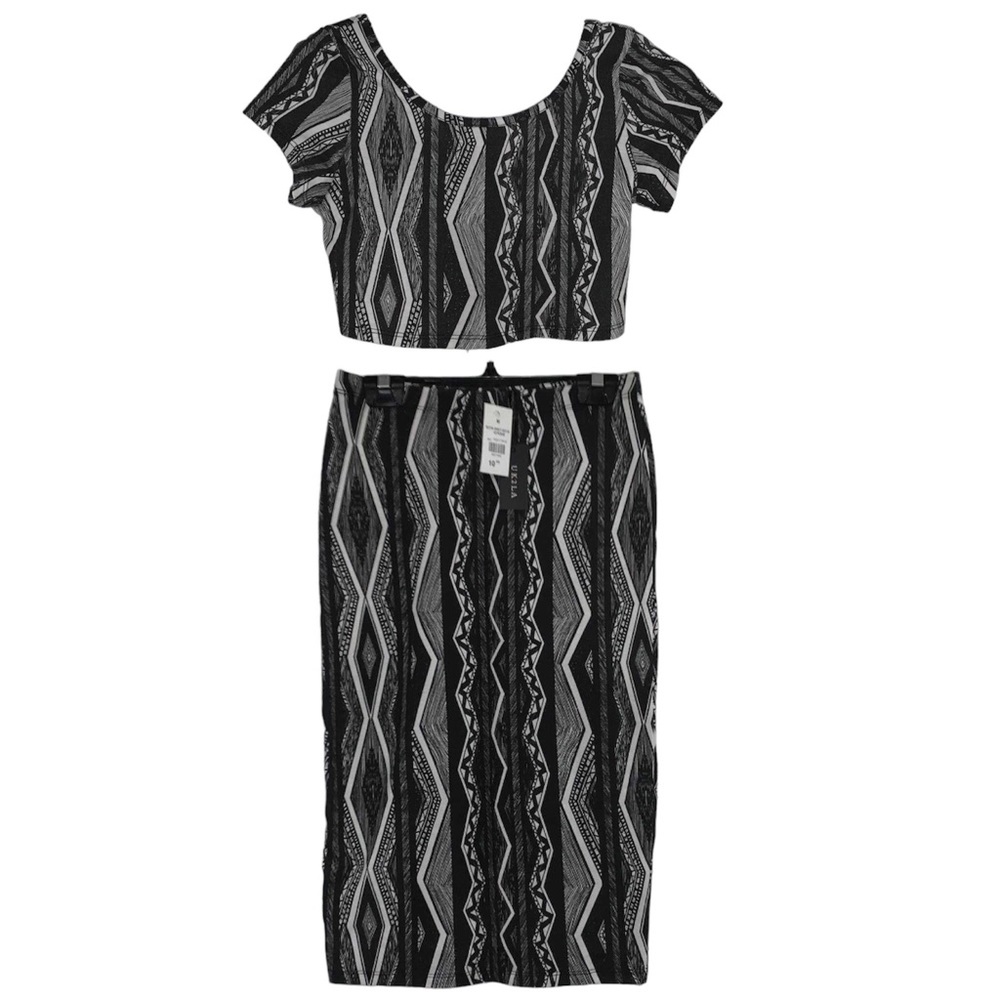 NEW Matching Bodycon Set Black Printed Crop Top & Skirt